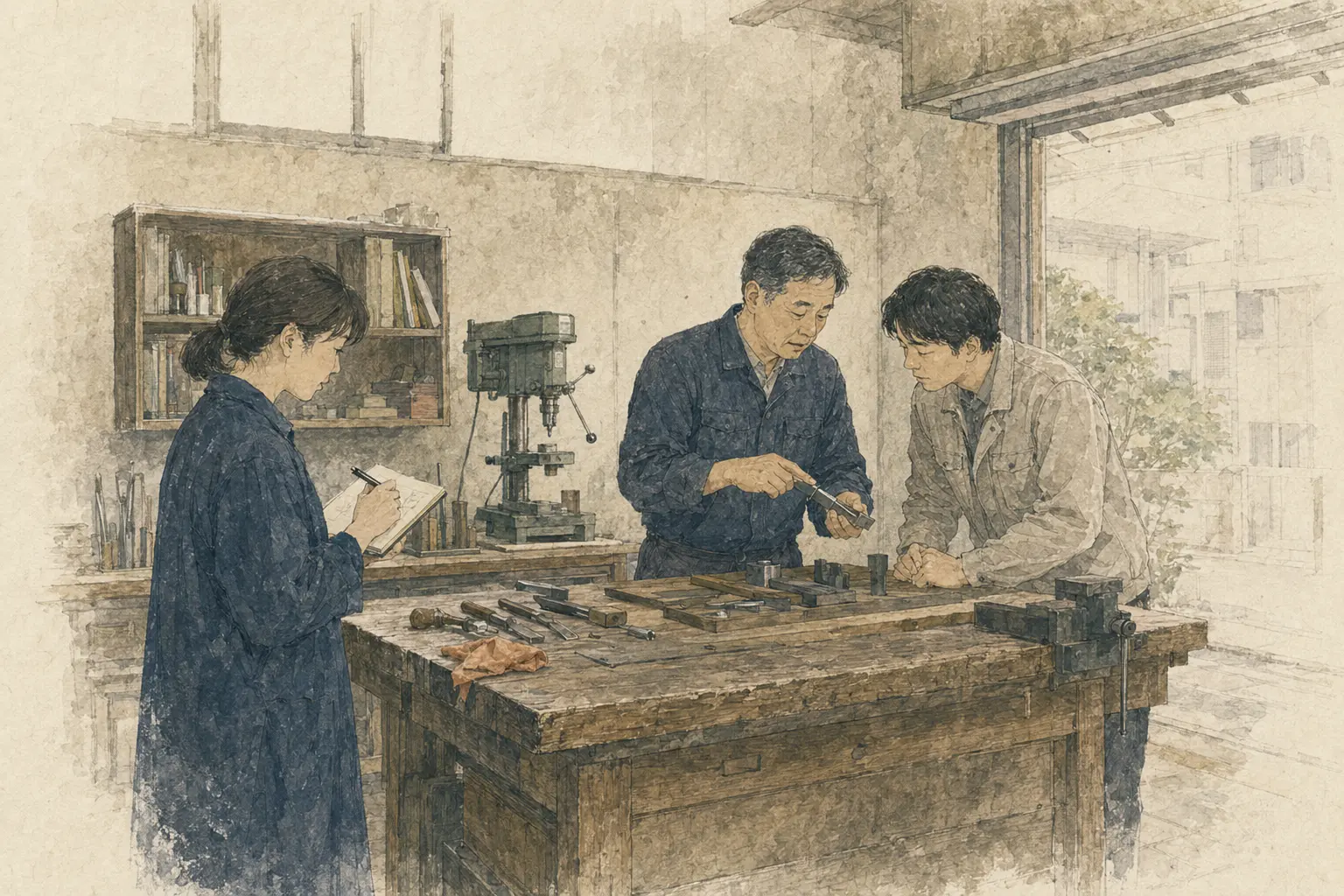 町工場の仕事を囲み、現場の知恵と改善の糸口を観察する三人